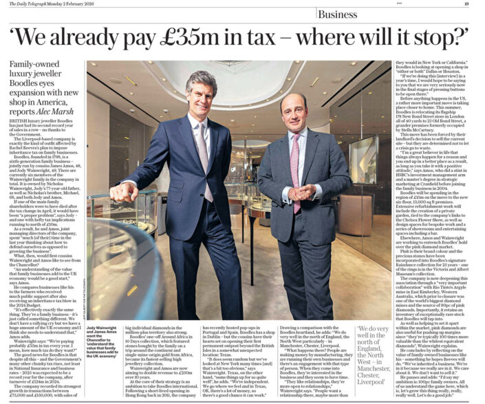 James Amos and Jody Wainwright, who jointly run Boodles luxury jeweller, sixth-generation family business, London, England, UK photographed for The Daily Telegraph Business section by London based photographer Jeff Gilbert
