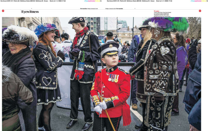 The Guardian newspaper Eyewitness photo of the day taken by London based editorial photographer Jeff Gilbert of a boy dressed up as Coldstream Guardsman whilst attending the London New Years Day Parade 2026